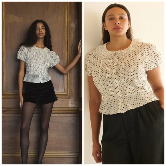 Doen Tops - Doen Oleta Top Sea Salt Polka Dot Puff Sleeve Lace Collar Blouse Size XXL NWT